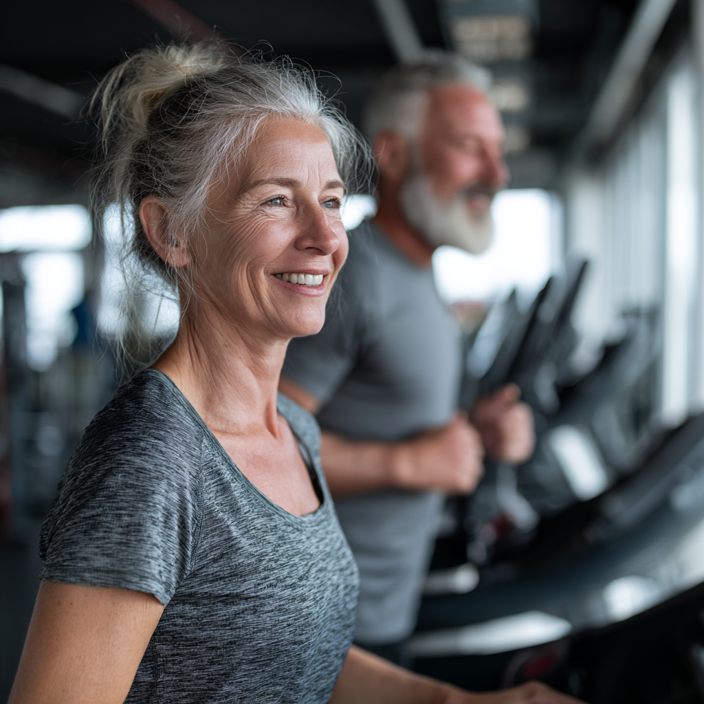 mature adults exercising in modern fitness environment
