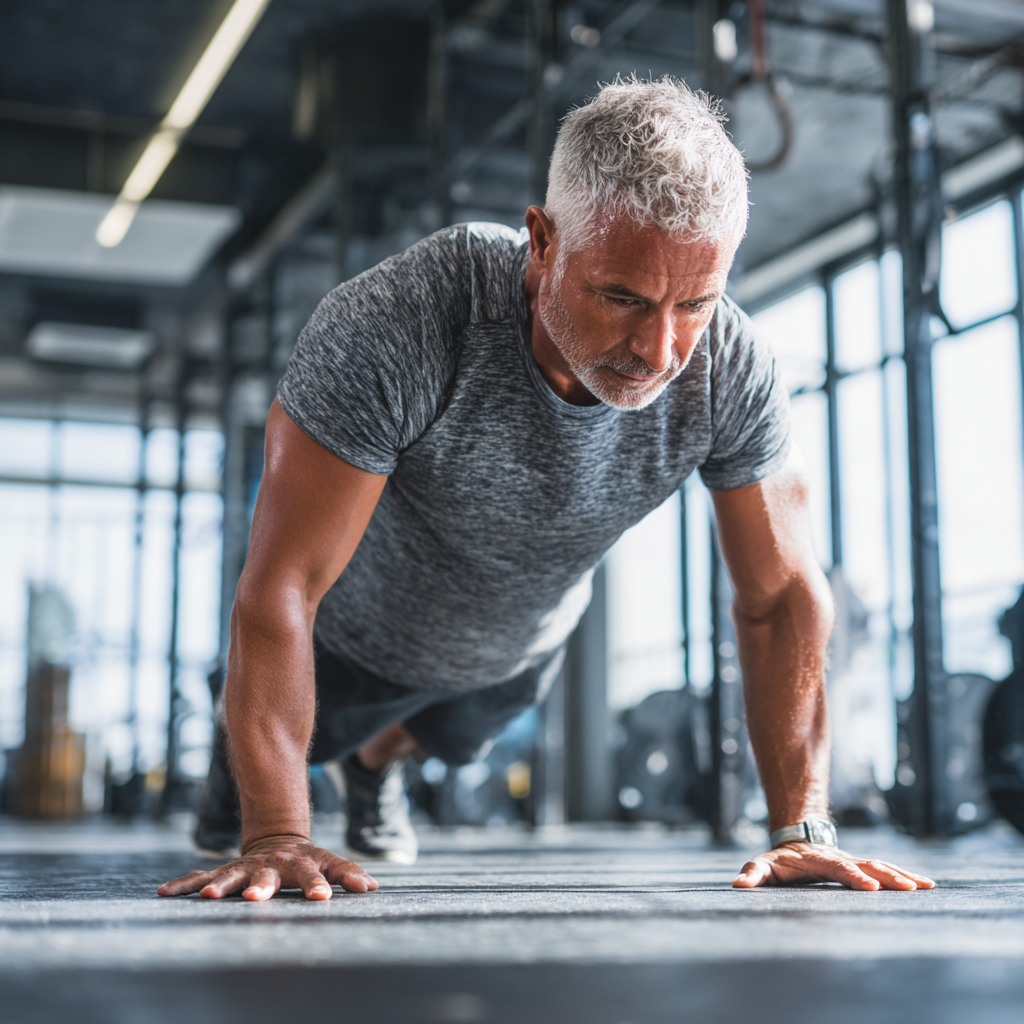 middle-aged person doing functional fitness training in bright gym space